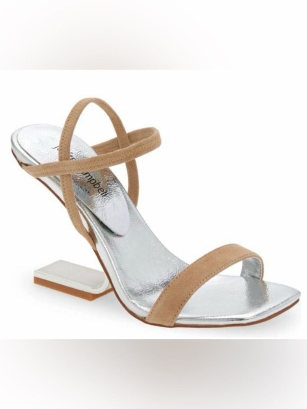 Jeffrey Campbell Silver/ Tan Geometric Sculptural Edgy Heeled Sandals 7.5
